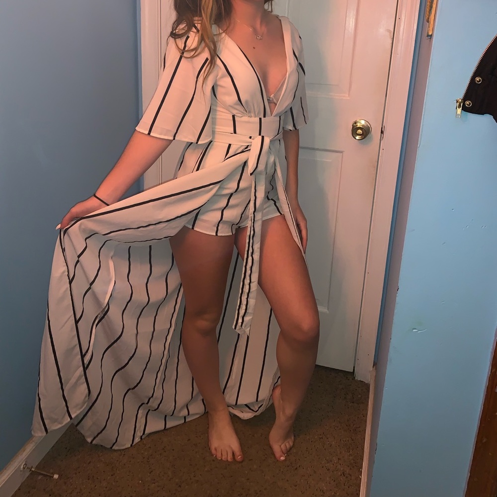 black and white romper with train